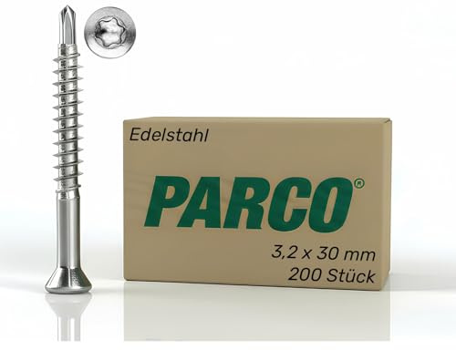 PARCO Dielenschrauben 3,2x30 mm, Edelstahl, TX10-200 Stück Senkkopf - ideale Befestigung für Holzdielen, Terrassendielen, Wandverkleidung, Wandpaneele oder Deckenverkleidung