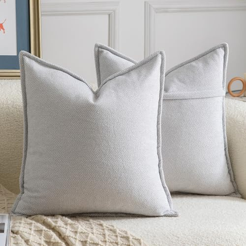 Madizz 2er Set Chenille Dekorativ Hellgrau Kissenbezüge Weiche neutrale Wurfkissen für Sofa Boho Akzent Zierkissenbezüge für Schlafzimmer Wohnzimmer Modernes Zuhause Dekor 45x45 cm