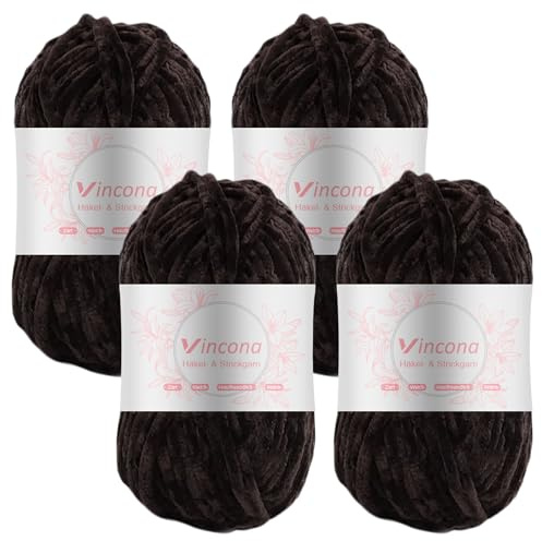 Vincona 4 x 100g Chenille Wolle zum Häkeln - Kuschelig und hautfreundlich,Garn zum Stricken und Häkeln - 100% Polyester – 4 x 120 m – Nadelstärke 5-6 Braun