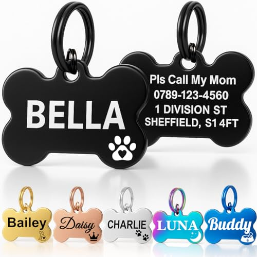 Personalised Dog Tags for Pets UK Prime, Deep Engraved Cat Dog Name ID Tags, Stainless Steel Pet Tag for Doggy Kitten Kitty Puppy, Scratch Resistant Tag (Black Bone, L)