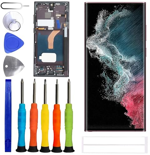 ERYNK Écran OLED pour Samsung Galaxy S22 Ultra [avec cadre] [avec empreintes digitales] [6,8 pouces] Écran tactile LCD numériseur avec kit d'outils