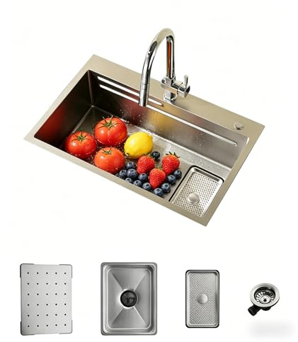 Einzelbecken-Küchenspüle, Silber, 70 x 45 cm, Edelstahl, 2 Hahnlöcher, Set inklusive Sieb, Auftauschale, Abtropfkorb und Siphon