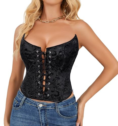 WHIPPY Damen Vollbrust Corsage Korsett Top Vintage Bustier Corset mit Schnürung Gothic Overbust Bustier
