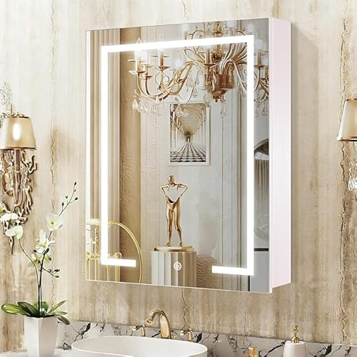 KAASUNES 56×76cm LED Mirror Cabinet with Light,Lighting Glass Shelf,USB Shaver Socket&Make Up Organizer with Magnifying mirror