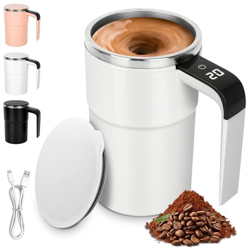 Mineup Tazza Automescolante, 380 ml Tazze Miscelazione Automatico Magnetica, Tazza da Caffè Elettrica con Indicatore di Temperatura, 304 Acciaio Inox, Per Caffè, Tè, Latte Di Soia (Bianco)