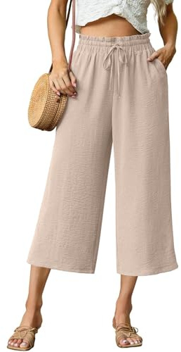 QIXING Pantaloni Capri da donna a 3/4, a vita alta, gamba larga, estivi, con tasche, coulisse regolabile