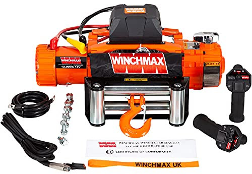 WINCHMAX 12000lb / 5443kg Original orange 12v elektrische Winde. Zwei Geschwindigkeit. 26 m x 9,5 mm verzinktes Stahldrahtseil. 3/8 Zoll Gabelkopfhaken. Drahtlose Doppelfernbedienung