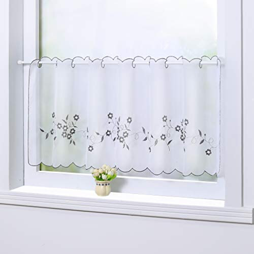 Joyswahl Felizia 1 Pièce Rideau Brise-Bise Perforé Passe Tringle en Polyester Petit Voilage avec Broderie de Fleurs en Dentelle Transparent Maison de Campagne Décor de Fenêtre Gris HxL 60x140CM