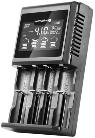 everActive Chargeur pour 4 Batteries 18650 AAA AA C D, Professionnel et Rapide, Grand écran LCD, Test de capacité, modèle UC-4000