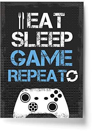 RED OCEAN Gaming Framed Prints Gaming Sign For Boys Bedroom Man Cave Games Room Sign (A4 Print Only - Eat Sleep Game Repeat Dark Grey PS)