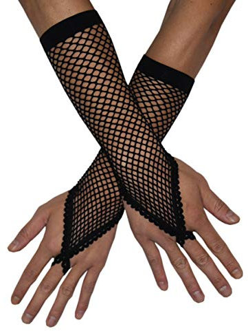 Seeksmile Fingerlose Fischnetzhandschuhe für Damen und Mädchen, 80er-Jahre-Party, Schwarze Fingerschlaufe