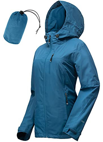 33,000ft Regenjacke Damen Wasserdicht Outdoorjacke Atmungsaktiv Herbst Übergangsjacke Leichte Jacke mit Kapuze Windbreaker zum Wandern Reisen Treking Fahrrad Vintage-Blau 34