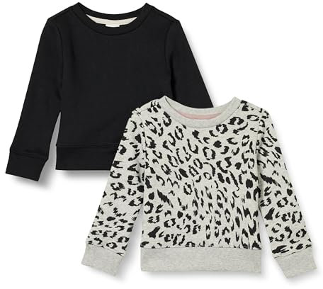 Amazon Essentials Felpe Girocollo in Pile Bambine e Ragazze, Pacco da 2, Grigio Chiaro Puntinato Leopardata/Nero, 2 Anni