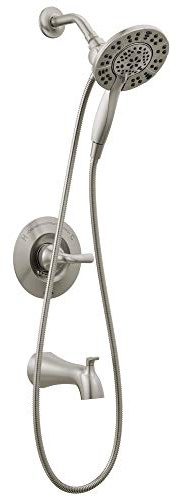 Delta Faucet Arvo 14 Series Single-Handle Tub and Shower Trim Kit, Shower Faucet with 4-Spray In2ition 2-in-1 Dual Hand Held Shower Head with Hose, Spotshield Stainless 144840-SP-I (Valve Included)