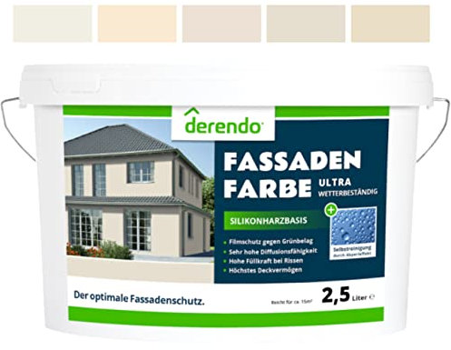 derendo Silikonharz Fassadenfarbe Beige ULTRA Wetterschutz Graubeige 2.5 l aussen Fassade Silikonharzfarbe mit Abperleffekt Lotus Blatt Fassadenschutz Schmutzabweisende Silikonharzbeschichtung