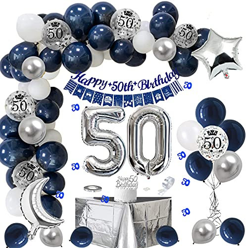 50 geburtstag dekoration, Deko 50. Geburtstag Mann Marineblau Silber Geburtstagsdeko mit Happy 50th Birthday Girlande Banner Tischdecke 50 Konfetti und Nummer 50 Luftballons für Vatertag Deko