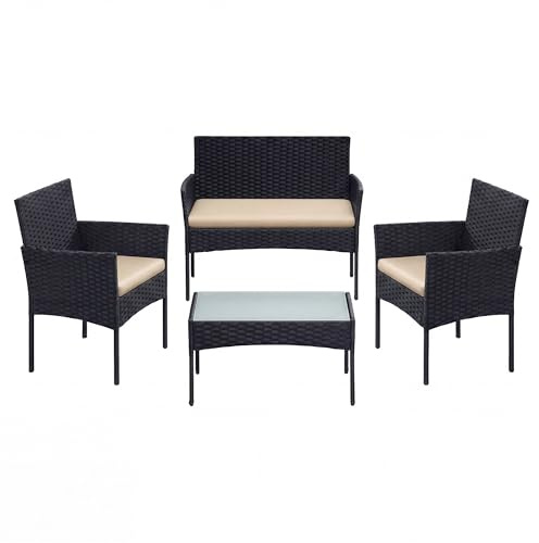 SONGMICS 4-Piece Garden Furniture Set, PE Rattan Conversation Sets | Outdoor Conversation Sets Lounge Furniture with Table and 2 Chairs, Loveseat, for Patio Balcony, Tan GGF002BR1