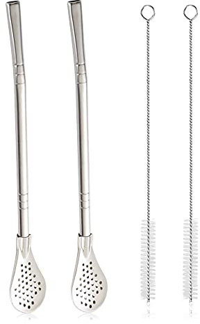 Cuchara de Filtro de Paja de Acero Inoxidable Extraíble con 2 Cepillos de Limpieza, Yerba Mate Bombilla Paja, Cuchara de Paja de Metal Reutilizable, para Beber Té Suelto, Café Helado, Plata
