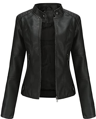 Giacca da motociclista da donna, taglia 20/18/16, giacca slim fit in pelle PU da donna, giacca da motociclista sottile, cappotto corto per autunno primavera (colore: nero, taglia: XL)