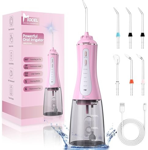 MOCEL Water Dental Flosser Oral Irrigator with 5 Modes, 350ml Cordless Water Teeth Cleaner Pick 6 Tips, IPX7 Waterproof Portable Powerful Battery for Travel & Home Braces & Bridges Care (Pink)