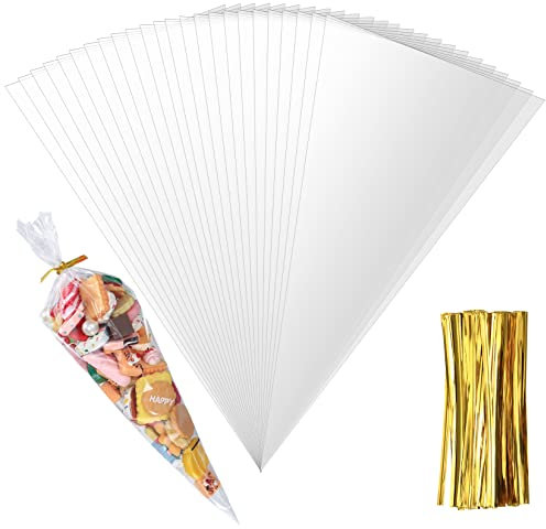200 Stück Cone Süßigkeiten Tütchen Spitztüten Geschenktüten Transparent, Zellophantüten mit Bindebänder für Süßigkeiten Schokolade Bonbons Kekse