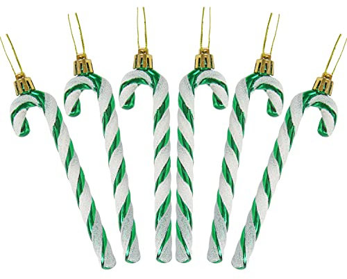 DERAYEE 6 PCS Christmas Glitter Candy Cane Plastic Candy Cane Christmas Tree Decorations for Xmas New Year Party Supplies (Green&White)