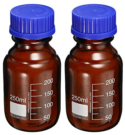 PATIKIL 250mL Reagent Media Bottle, 2Pcs Round Graduated Glass Storage Bottle Blue Screw Cap for Chemistry Lab Universities Home, Amber