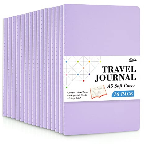 feela 16 Pack Soft Cover Notebooks A5, 92 Lined Pages, 80 GSM, Light Purple | College Ruled Exercise Notebooks Bulk for School Office Travel, Note Taking, Journal Notepads for Students Adults Women Men