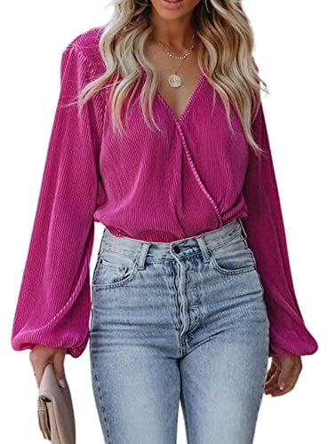 CUPSHE Camisa de mujer con mangas campesinas de terciopelo, casual, holgado, cuello en V, blusa fruncida sólida, fucsia, L