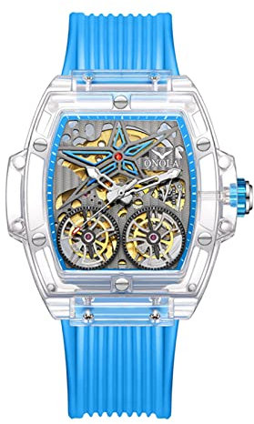 FORSINING Montre mécanique automatique pour homme en forme de tonneau avec grand cadran tendance et bracelet en silicone, bleu, Sangle