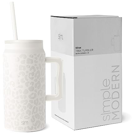 Simple Modern Tumbler with Handle and Straw | Insulated Stainless Steel Large Water Jug | Gifts for Women and Men | Trek Collection | 1480ml | Cream Leopard