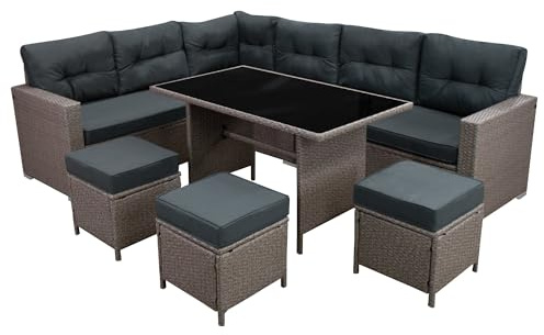 Ensemble de Salon de Jardin d'Angle en Rotin Gris, Canapé en Forme de L 9 places, Tabourets, Table en Verre Trempé, Coussins Gris Imperméables Protégés Contre UV [Housse de Pluie INCLUS]
