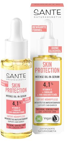 SANTE Naturkosmetik Serum mit Vitamin E, Squalan & Bio-Hagebuttenöl, sofort nährende Pflege für beruhigte, regenerierte Haut & ein weiches Hautgefühl, Skin Protection Intense Serum, 30 ml