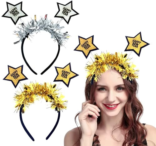 Silvester Haarreif, 2 Happy New Year Haarreif, Silvester Kopfschmuck, Silvester Kinder Erwachsene Glitzer Haarreif, Silvester Deko, Silvester Party Haarschmuck Zubehör