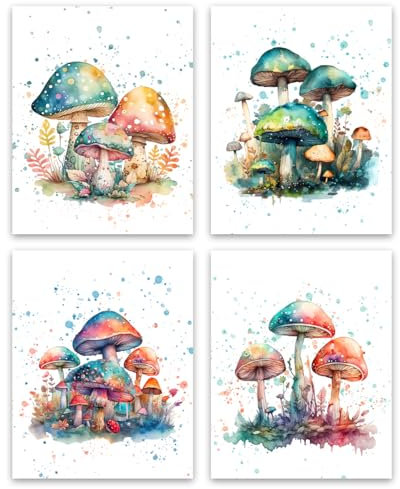 LNLAGBO Aquarell-Pilz-Wandkunstdrucke, bunte Pilz-Wandkunst, magische Pilze, ästhetische Poster, magische Pilzkunst für Bauernhaus, Klassenzimmer, Restaurant, 4er-Set (20,3 x 25,4 cm, ungerahmt)
