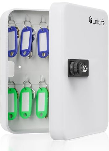 Uniclife Armoire à Clés 20 Positions avec Serrure à Combinaison Réinitialisable Boîte à Clés Numérique Blanc Organisateur de Clés en Acier avec Porte Clés Coloré Étiquettes Autocollantes et Crochets