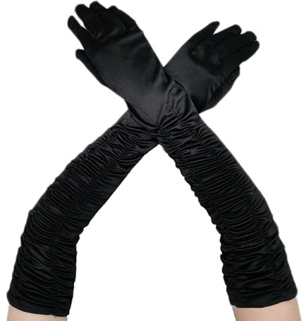 LERTREEUK Satin Lange Abendhandschuhe Armstulpen für Frauen Damen Braut Hochzeit Oper 1920er Jahre Party (Schwarz)