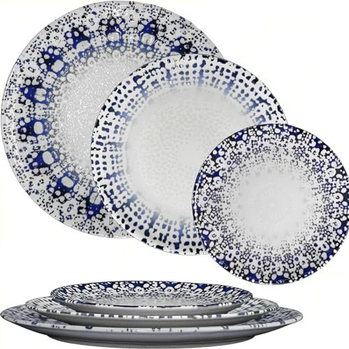 Sicignano Lot de 3 assiettes en porcelaine Seville avec decoration a relief alchimie bleue O21/26/31 cm, service pour 1 personne - Compatible avec lave-vaisselle micro-ondes, resistant aux coupes,