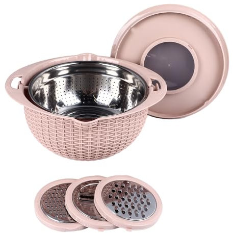 Stainless Steel Colander Bowl Set with Slicer Non Slip Mixing Bowl and Lid 3 Grating Attachments, for Rinsing Vegetables Fruit, Inclusive 3 Grating Attachments (Pink)