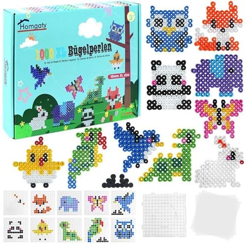 Homgaty Juego de perlas grandes para planchar de 10 mm, 1000 unidades XL con placa de conexión, 10 patrones de animales, 10 colgantes y 3 papel de planchado, juego creativo de perlas para manualidades