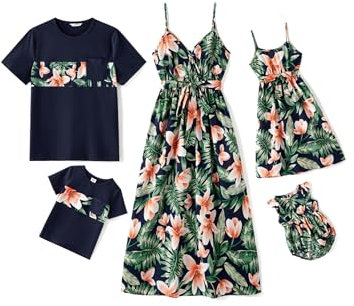 PATPAT Familien Partnerlook Set – Hawaii Sommer Outfit für Mama, Papa, Kinder – Strandkleidung Familie – Mutter Tochter Kleid & Vater Sohn T-Shirt – Matching Outfit Urlaub & Fotoshooting