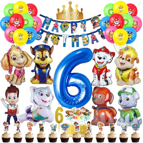 Patrol Geburtstag Deko 6 Jahre, Paw Luftballon Kindergeburtstag Jungen Mädchen, Cartoon Dog Ballons Set, Hund Dog Patrol Blau Luftballon 6 Geburtstag, Tortendeko für 6 Jahre Kindergeburtstag Partydeko