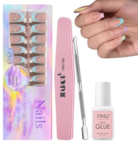 DMQ French Press On Nails Medium, 150Pcs Pastel French Tip False Nails Kit with Glue, Coffin Fake Nail Tips, Full Cover Stick on Nails for Women Girls French Nail Art Manicure Decorations