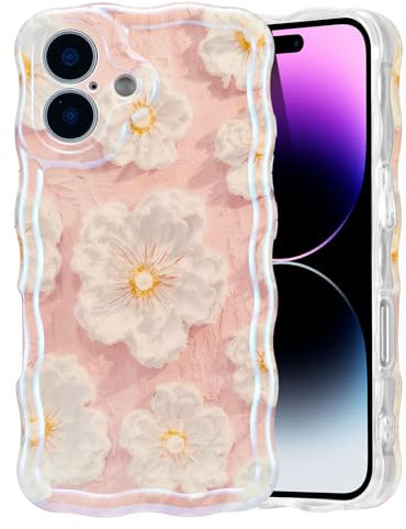 EYZUTAK Handyhülle für iPhone 16,Bunte Vintage Ölgemälde Blume Lockiges Weiche TPU Case,Mode Langlebige Hülle mit Laserblume Ultra Dünne Stoßfeste Schutzhülle für Frauen Mädchen-Rosa