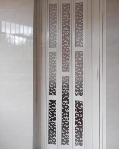 Porte Accordéon Interieur Porte Pliante en PVC Blanc avec Fenêtres en Acrylique Givré, Portes Accordéon à Motif Papillon pour Placard, Barrière de Porte Intérieure Multipliable Découpable(24x80in(61x2
