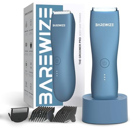 BAREWIZE Tondeuse électrique indolore pour poils du corps et du pubis pour homme et femme, étanche, rechargeable de type C, lumière LED, lame remplaçable, tondeuse personnelle Manscape (bleu denim)