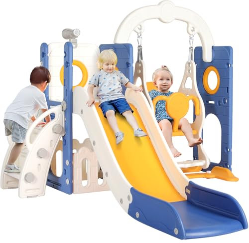 Toboggan et Balançoire, Toboggan Enfant avec Balançoire, 5 en 1 Toboggan Bebe avec Balançoire,Télescope, Espace de Rangement, Escaliers, Aire de Jeux Intérieure et Extérieure, Bleu Jaune