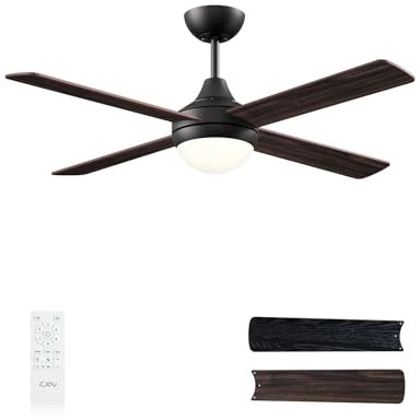 CJOY Deckenventilator mit Beleuchtung Dimmbar, 122cm Deckenventilator mit Fernbedienung, Reversibel Leise Lampe mit Ventilator 4 Flügel, 6 Geschwindigkeiten, Memory Funktion, Schlafmodus, Holzmaserung