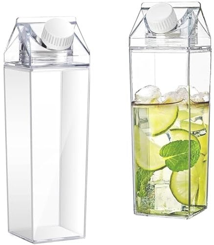 Aarcyye 2 Piezas Botella de Agua Transparente, Botella de Leche Cuadrada de 1000 ml, Reutilizable Botella Contenedora de Zumo, Botella de Agua Transparente de Gran Capacidad, para Picnics, Camping