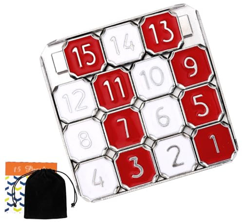 BOXOB Zinc Alloy 15-Number Slide Puzzle, Metal Brain Teaser Game Portable Sliding Tiles Jigsaw with Storage Bag Educational Travel Toy for Birthday Easter Christmas Stuffers Gift (Red/White)
